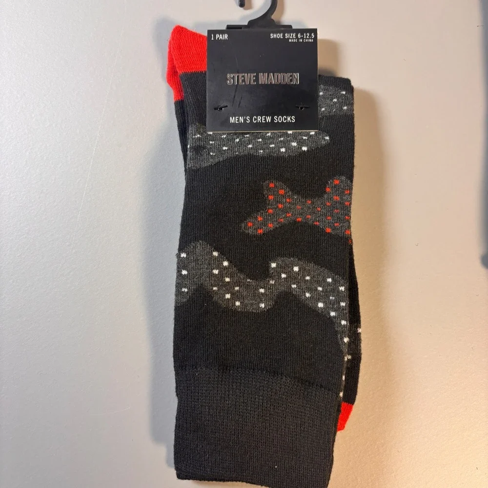 Steve Madden Mens Crew Socks‎ 6 Pack Shoe Size 6-12.5 Novelty Patterns Black